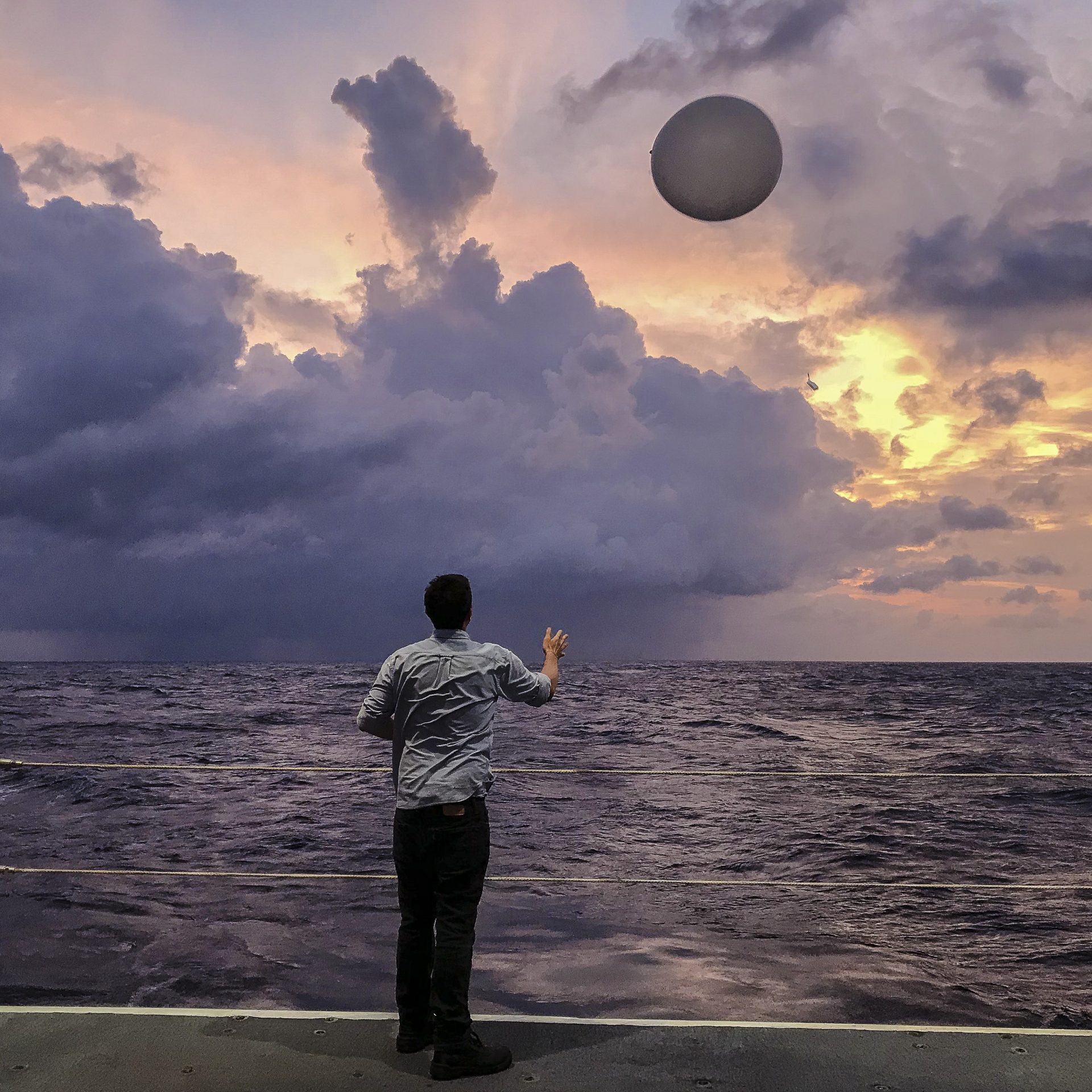 Radiosonde being launched during the 2018 cruise in the Bay of Bengal.  Photo: Gualtiero Spiro Jaeger. 